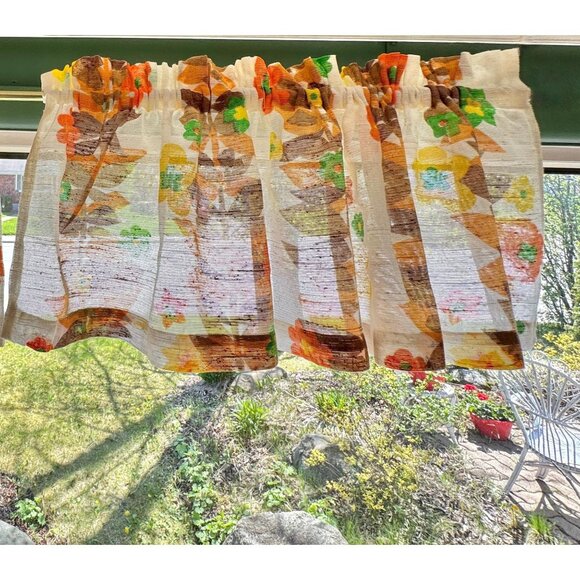 Vintage 1960s curtain valance, orange yellow brown flowers, tier panel, for 1 - Picture 3 of 10